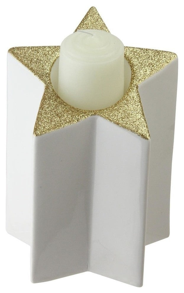 6.25" White and Gold Colored Star Shaped Glittered Tea Light Candle Holder