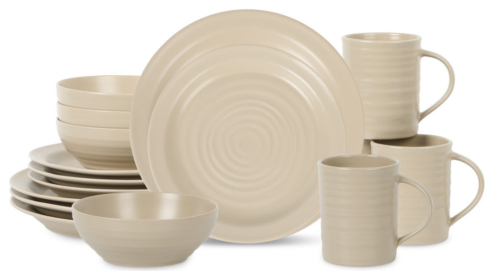 Stone Lain Orbit Stoneware 16-Piece Dinnerware Set, With Mugs, Beige