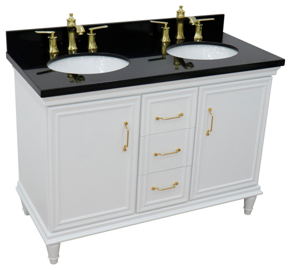 49" Double Vanity, White Finish With Black Galaxy And Oval Sink