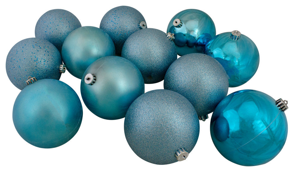 Shatterproof Turquoise Blue 4-Finish Christmas Ball Ornaments, 12-Piece Set