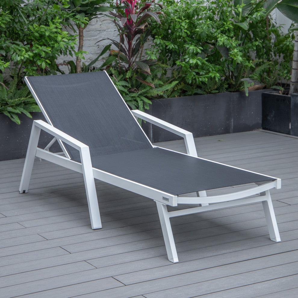 LeisureMod Marlin Chaise Lounge Set With Arms and Fire Pit Table, Black