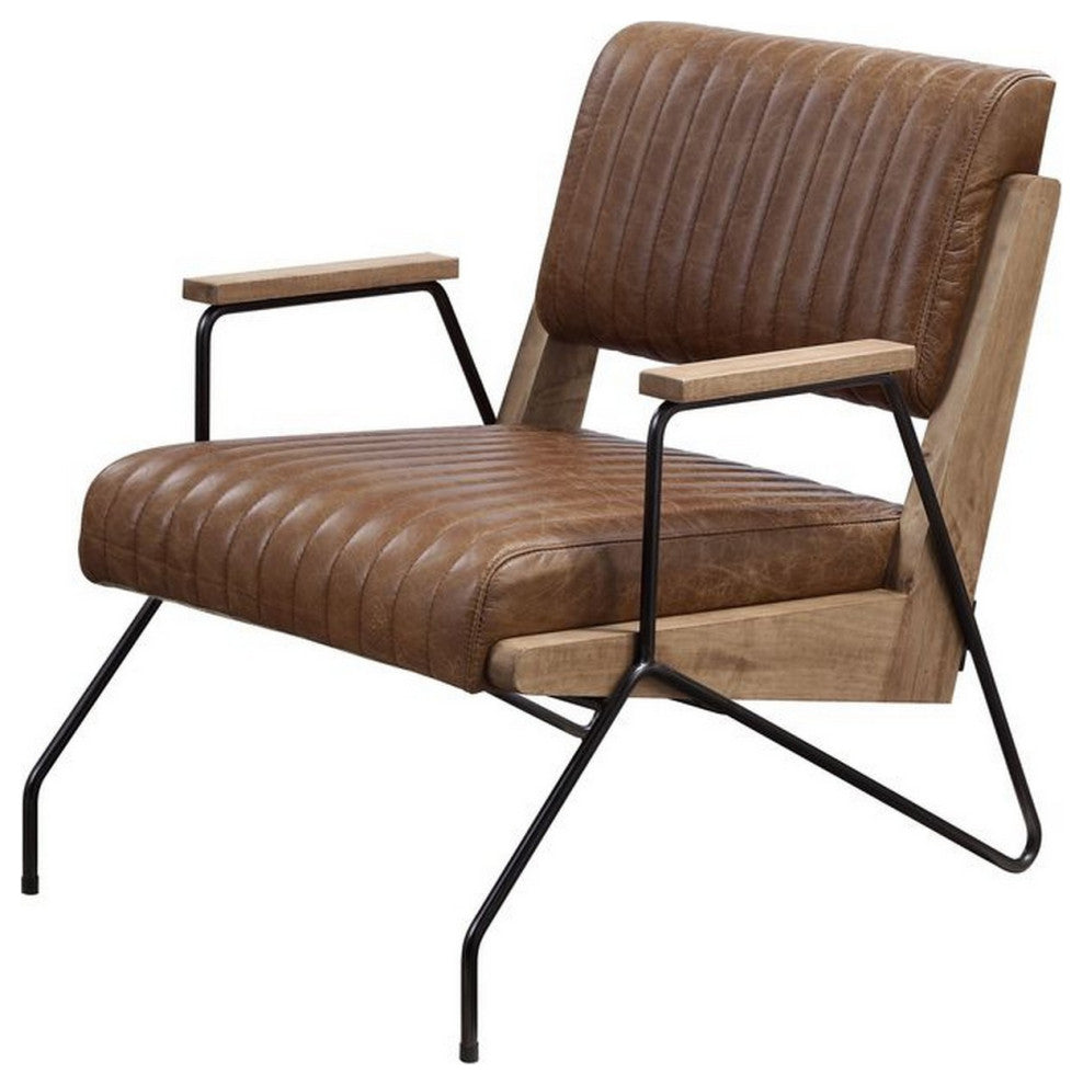 Benzara BM250697 Accent Chair With Leatherette Seat and Channel Stitch, Brown