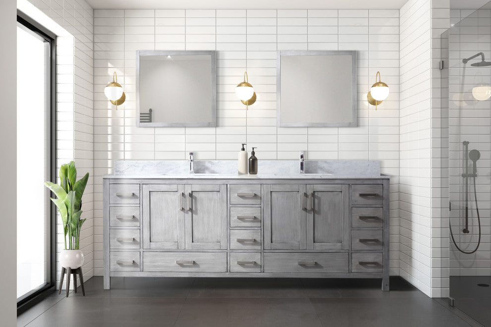 84" Distressed Gray Double Vanity, White Marble Top, White Sinks and 34" Mirrors