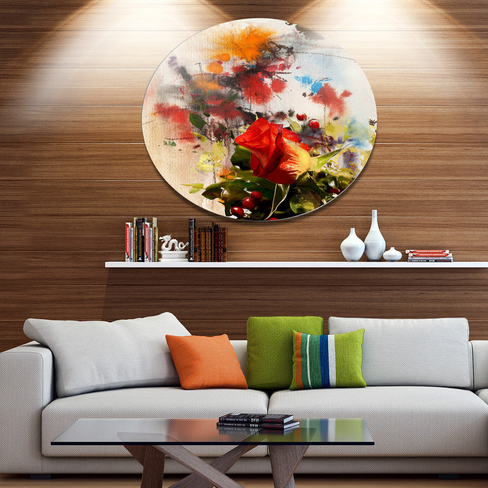Roses And Sunny Day Watercolor, Floral Disc Metal Artwork, 23"
