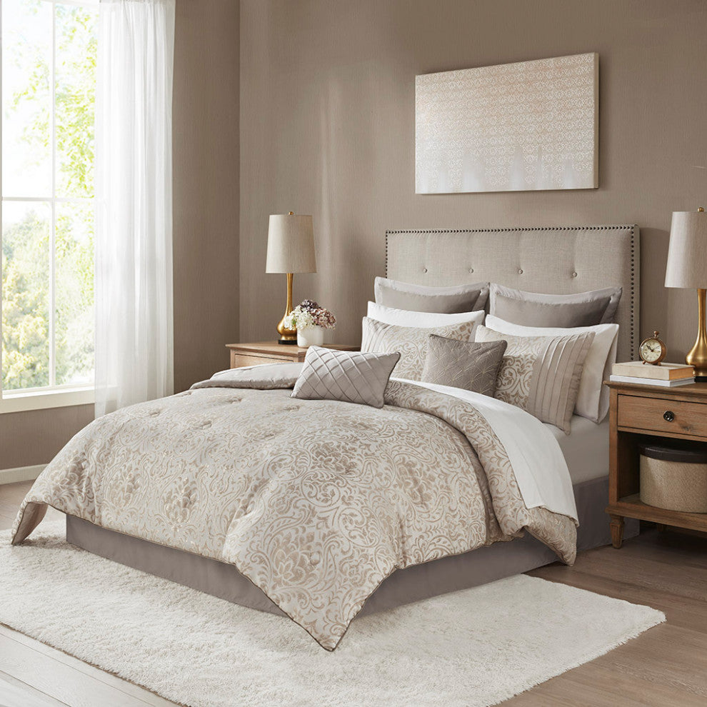 Madison Park Emilia 12 Piece Jacquard Complete Bed Set in Khaki