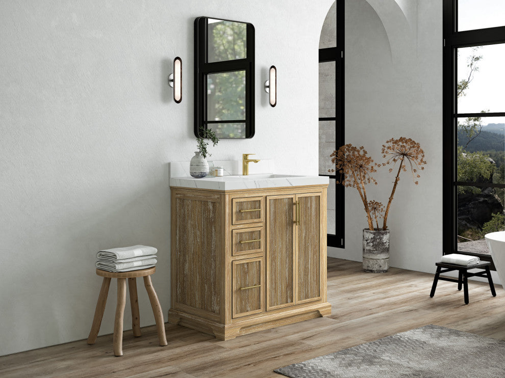 Alys Teak 36 Bathroom Vanity Right Offset Sink Whitewashed 2" Carrara Marble
