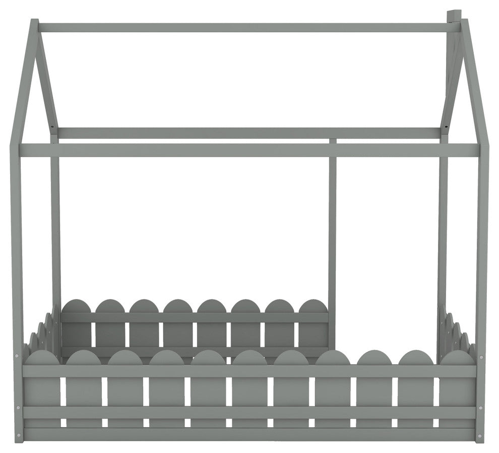 Gewnee Twin Size Wood House Bed with Fence in Gray