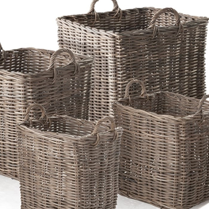 Set of 4 Large Rattan Cane Storage Baskets Square with Handles Laundry Wicker