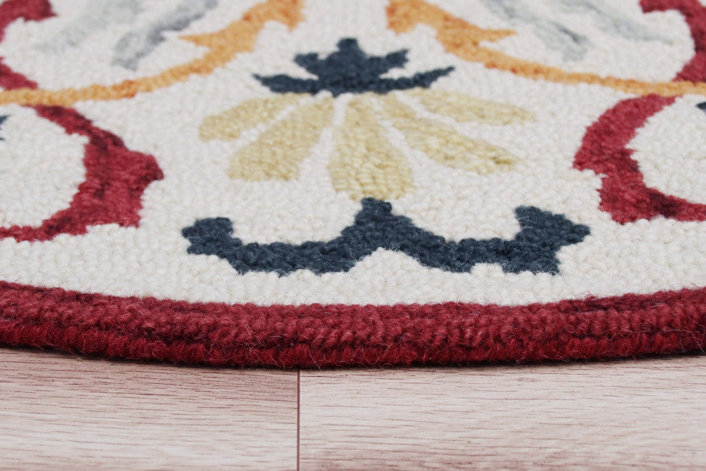 6' Red And Ivory Round Wool Hand Tufted Area Rug