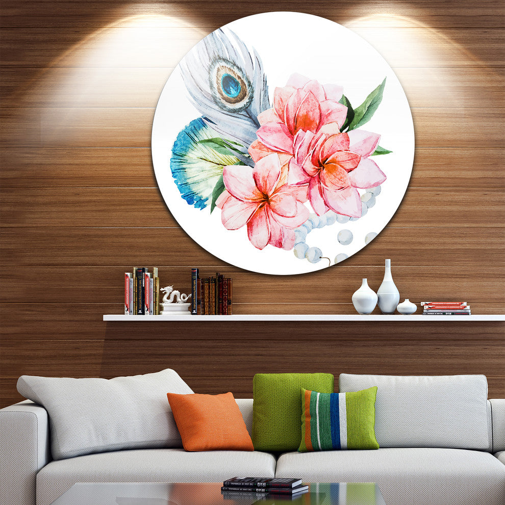 Flowers And Peacock Feather, Floral Round Wall Art, 23"