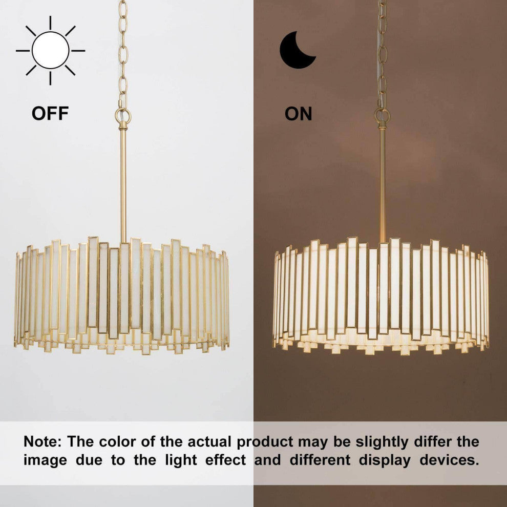 LNC Tiffany 4-Light Modern Drum Glass Chandelier, Gold
