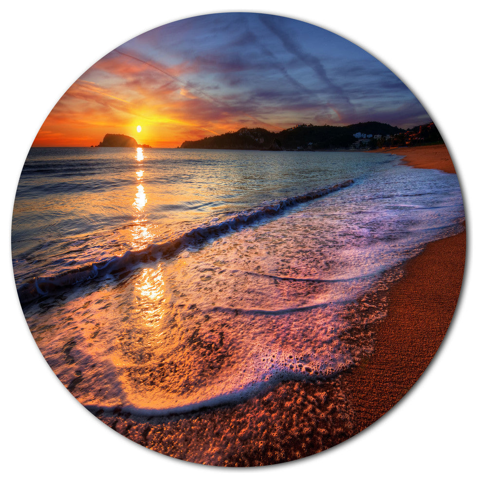 Foaming Waves At Beautiful Sunset, Seashore Art Round Wall Art, 11"