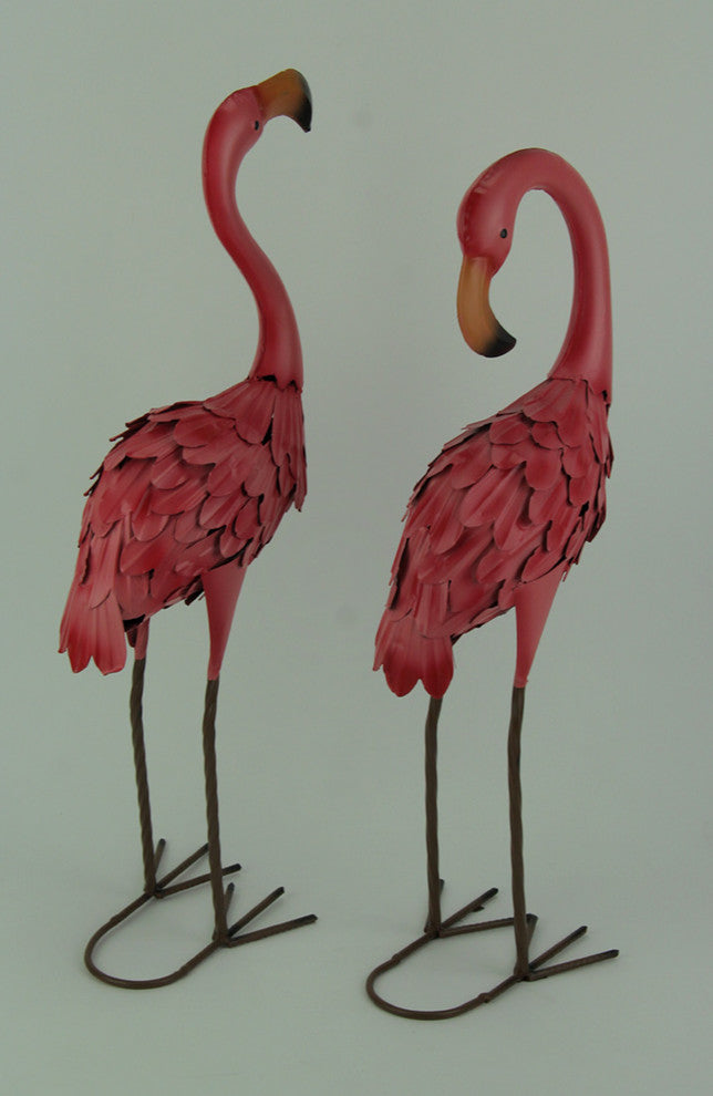 Set of 2 Decorative Metal Pink Flamingo Yard Statues
