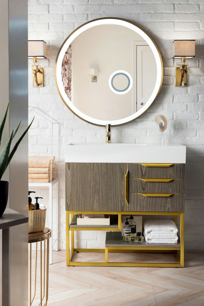 Columbia 36" Single Vanity, Ash Gray, Radiant Gold, Glossy White Top