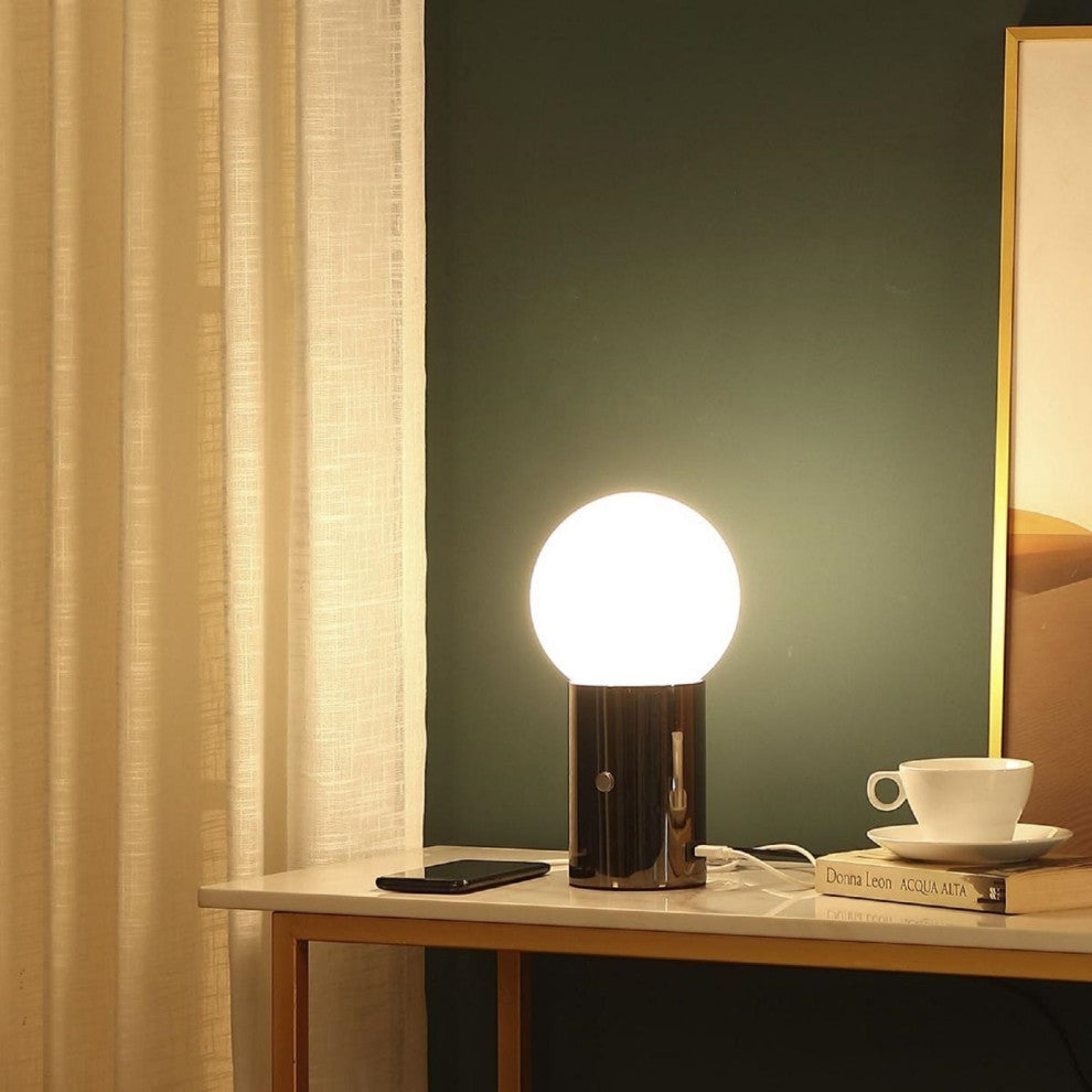 Brightech Kai LED Table Lamp with USB Port, Glass Globe Shade, Stunning Brass