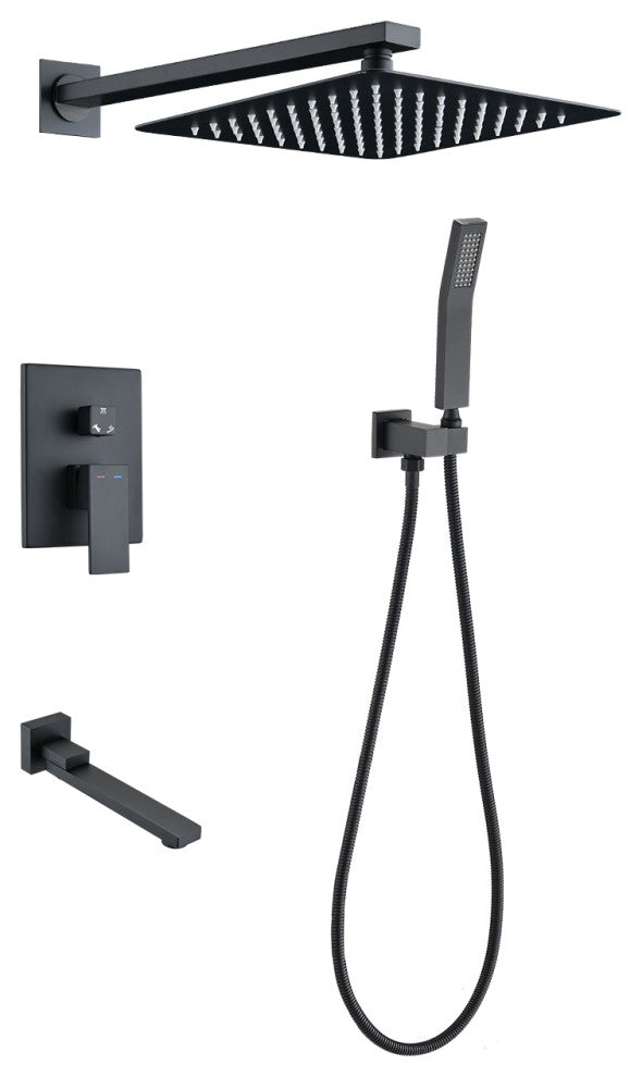 Two-handle wall-mounted tub and shower faucet with hand shower head with valve, Matte Black