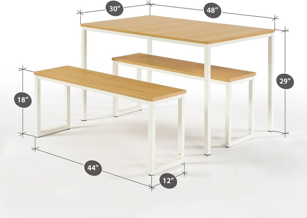 Modern Dining Table With Benches, 3-Piece Set, White