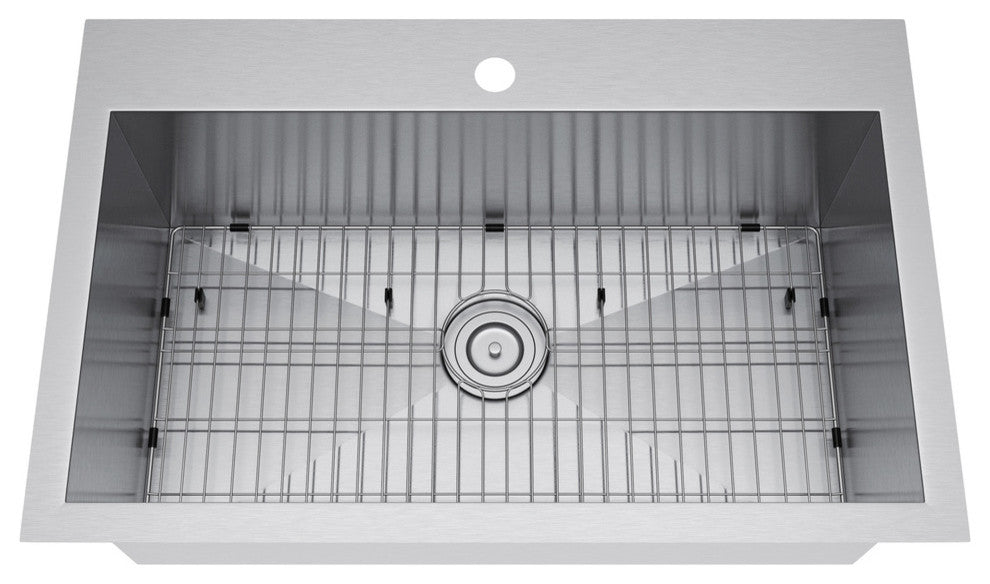 Exclusive Heritage 33"x22" Single Bowl Topmount Stainless Steel Kitchen Sink, With Strainer and Grid