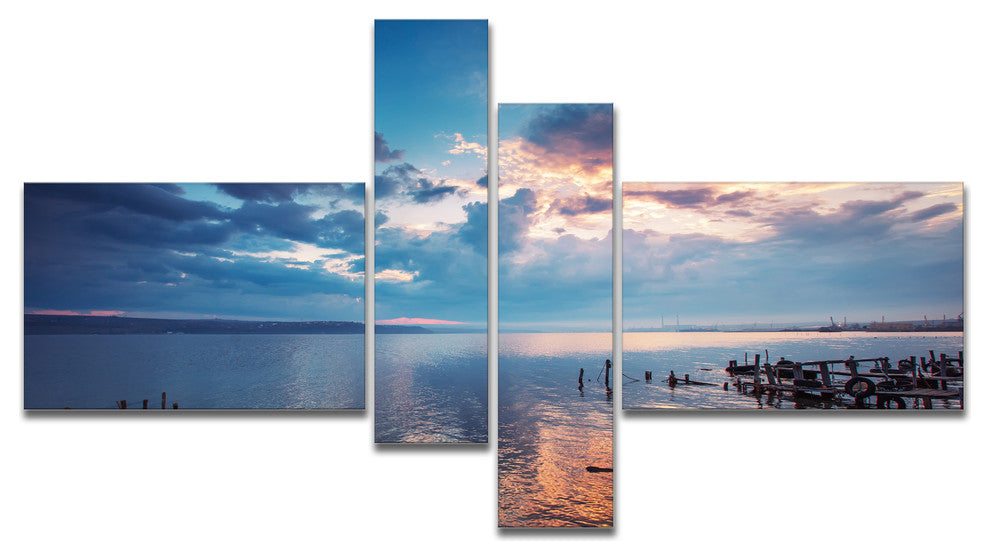 Dramatic Sky Over Sunset Lake, Large Landscape Canvas Art, 60"x32", 4 panels