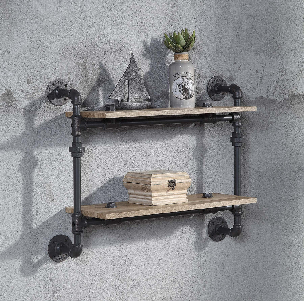 2 Tier Oak Wood Floating Shelf With Metal Tube, Sandy Black