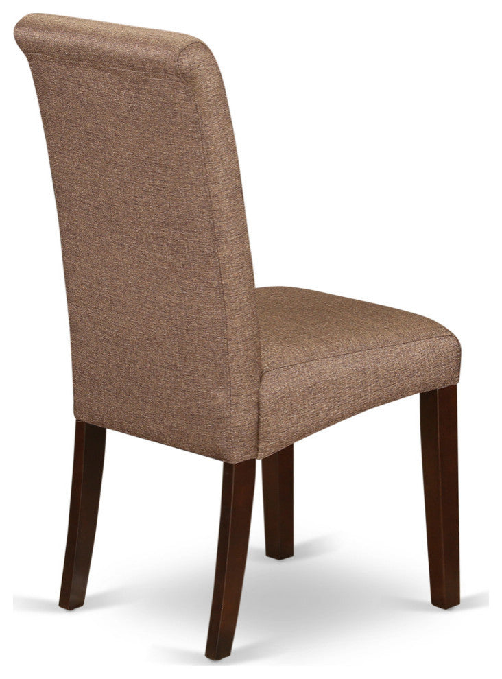 3Pc Small Round Table, Linen Brown Fabric Dining Chairs, Mahogany Chair Legs