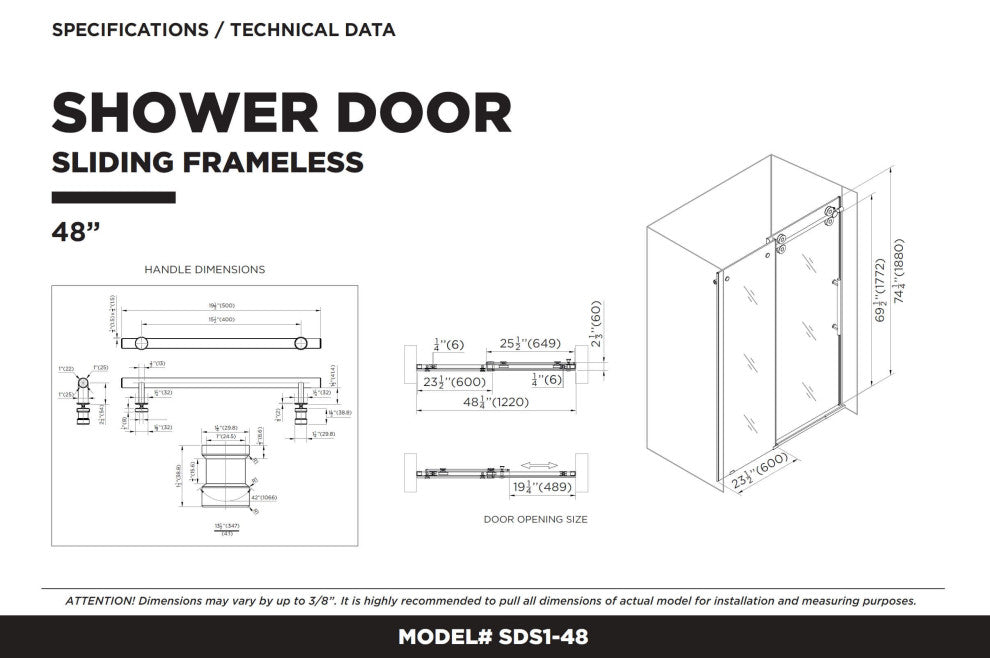 Frameless Clear Sliding Shower Door With Tempered Glass - Shower Bathroom Door, Satin Nickel, 48" X 75", Single Sliding Door