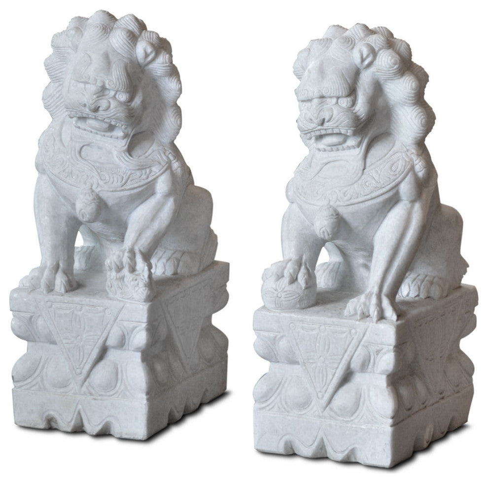 Imperial White Marble Chinese Foo Dogs Statues