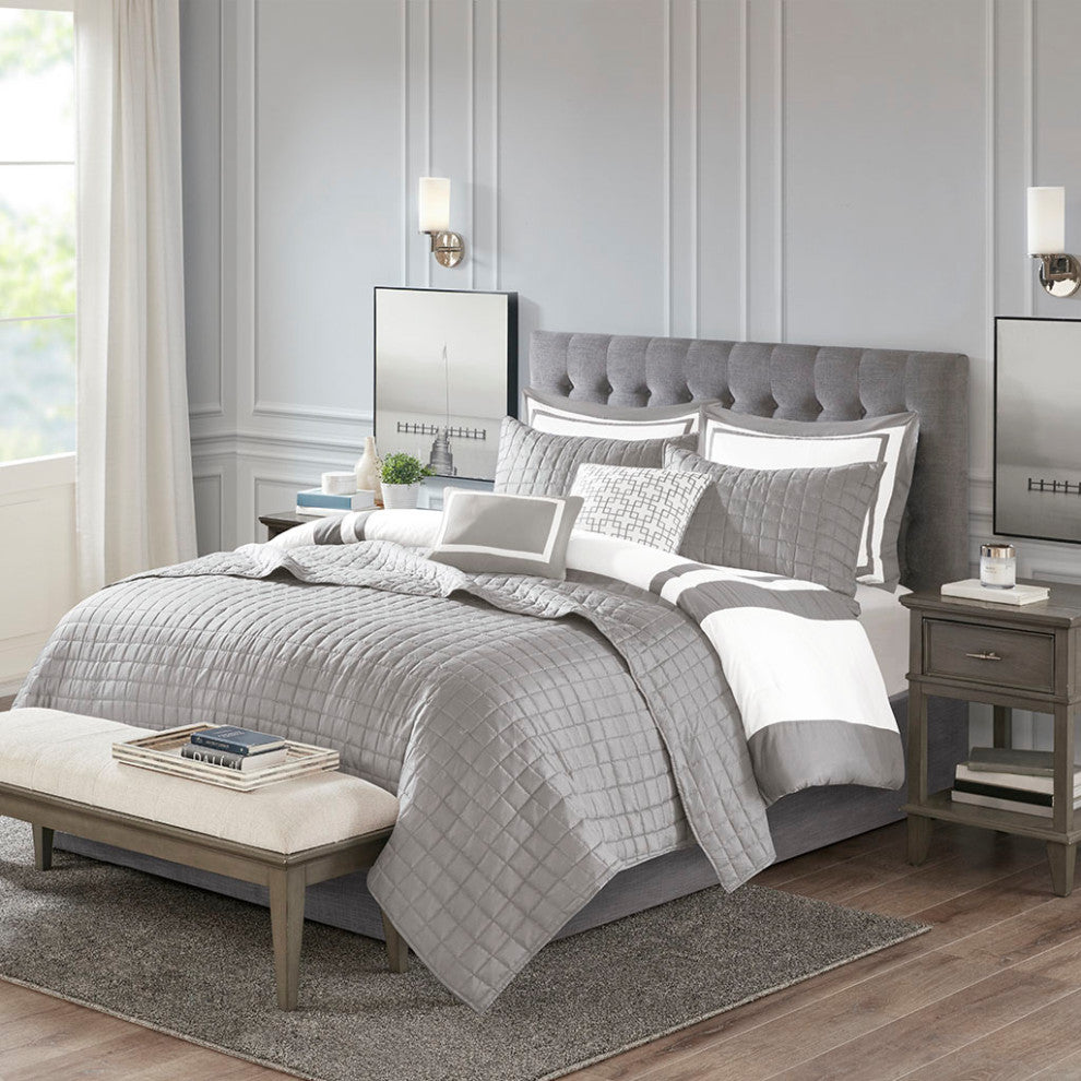 Madison Park Heritage 8 Piece Comforter and Quilt Set Collection, Grey