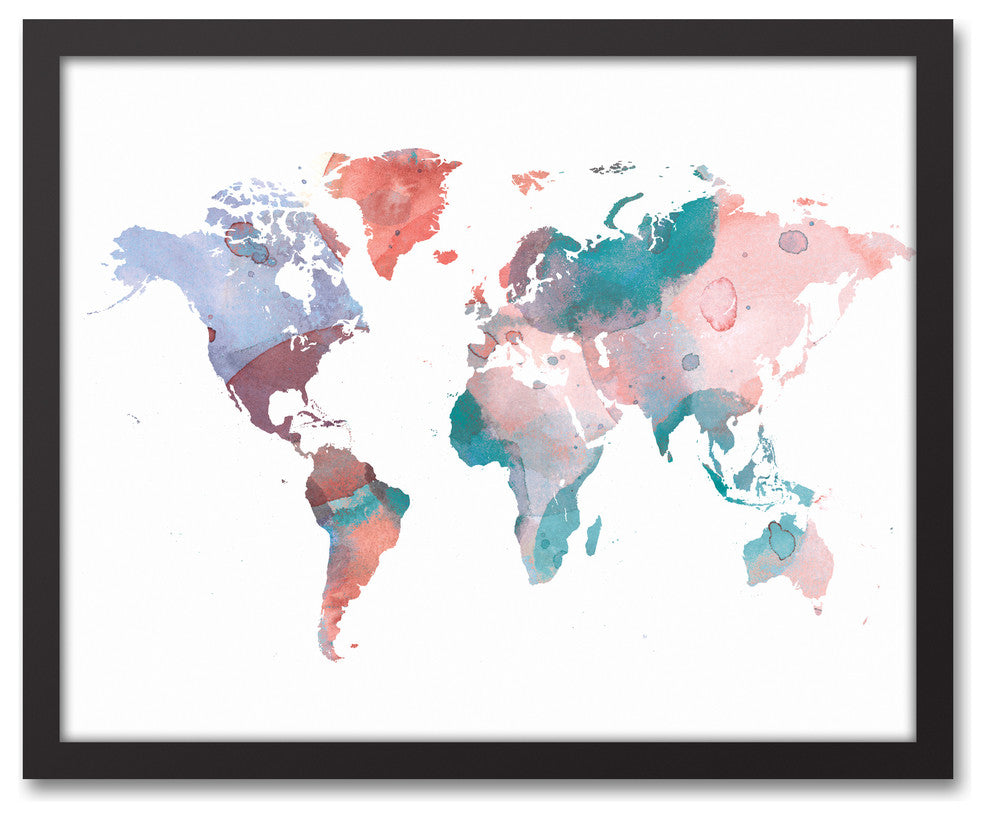 Jewel Tones World Map 16x20 Black Framed Canvas