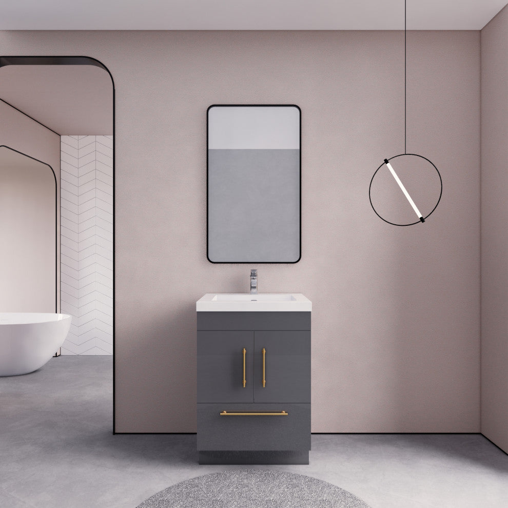 Rosa 24" Free Standing Modern Vanity, High Gloss Gray, Glossy White Top