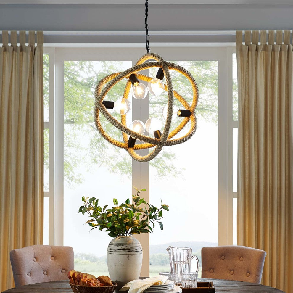 Country Farm Chandelier Pendant Ceiling Light, Metal Rope, Beige