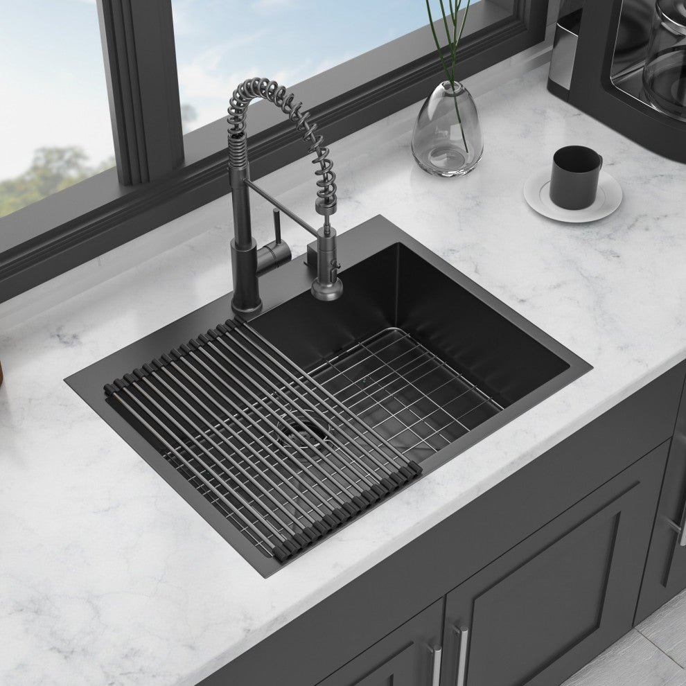 Black Stainless Steel Single Bowl Drop-In Kitchen Sink with Drain Assembly, Gunmetal Black, 28'' X 22''