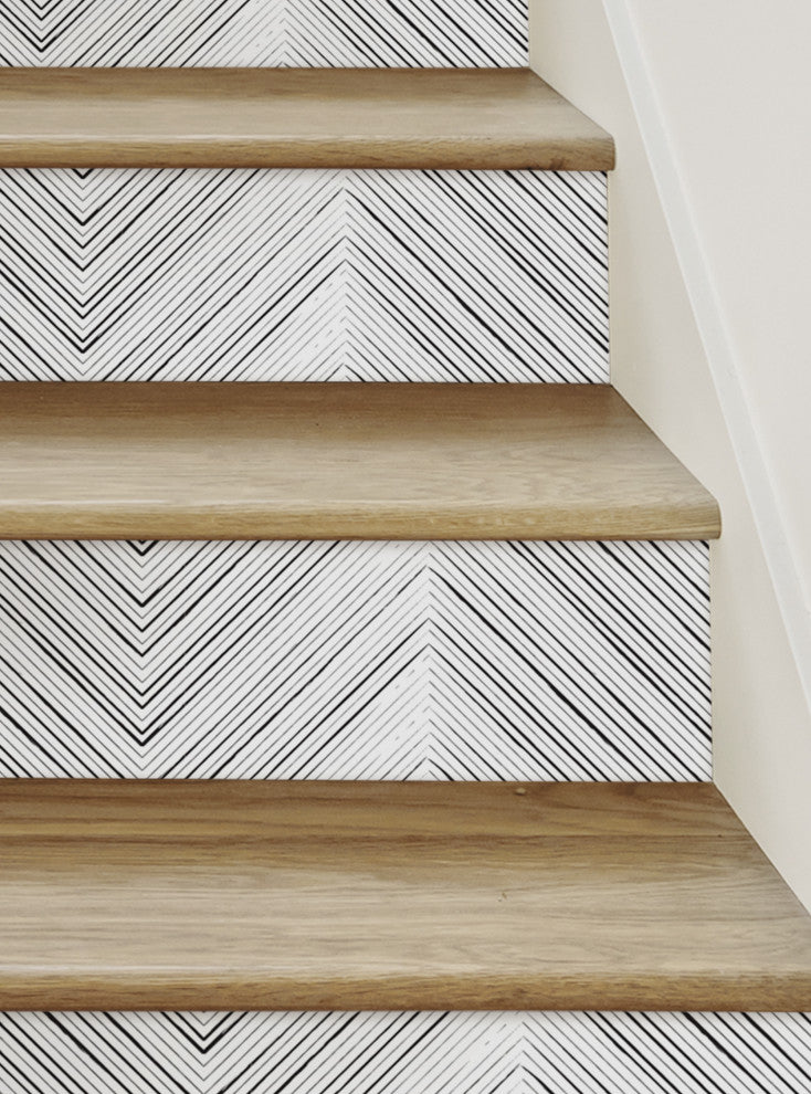 Chevron Lines Peel and Stick Stair Riser Strips, Black, 48"w X 7"h, 6 Pack