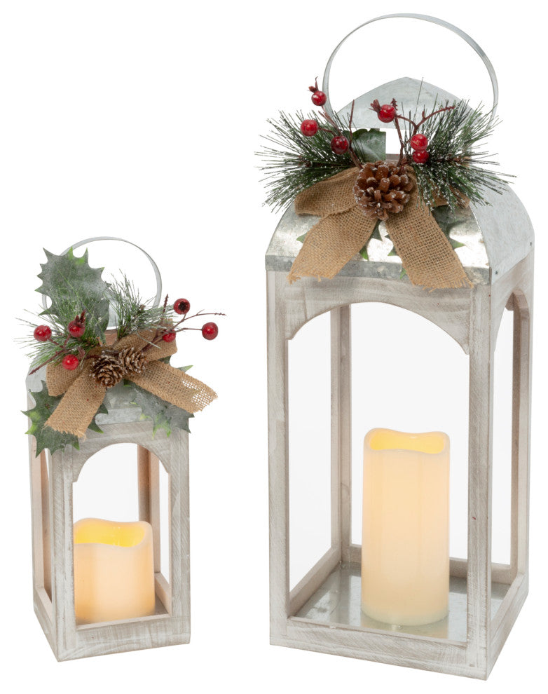 S/2 B/O 18-in Lighted Metal & Wood Lanterns