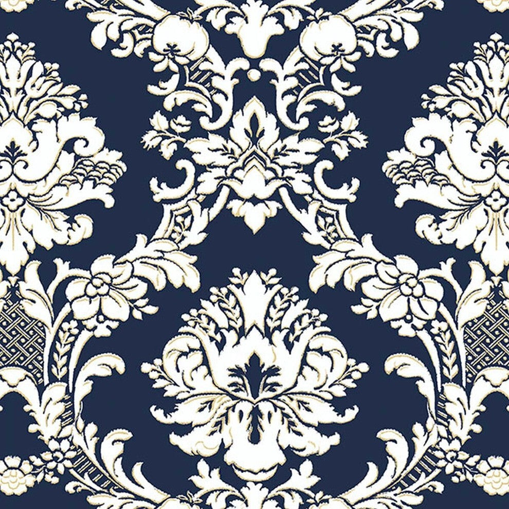 Stripes And Damasks, Classic Damask Stripes White, Blue Wallpaper Roll