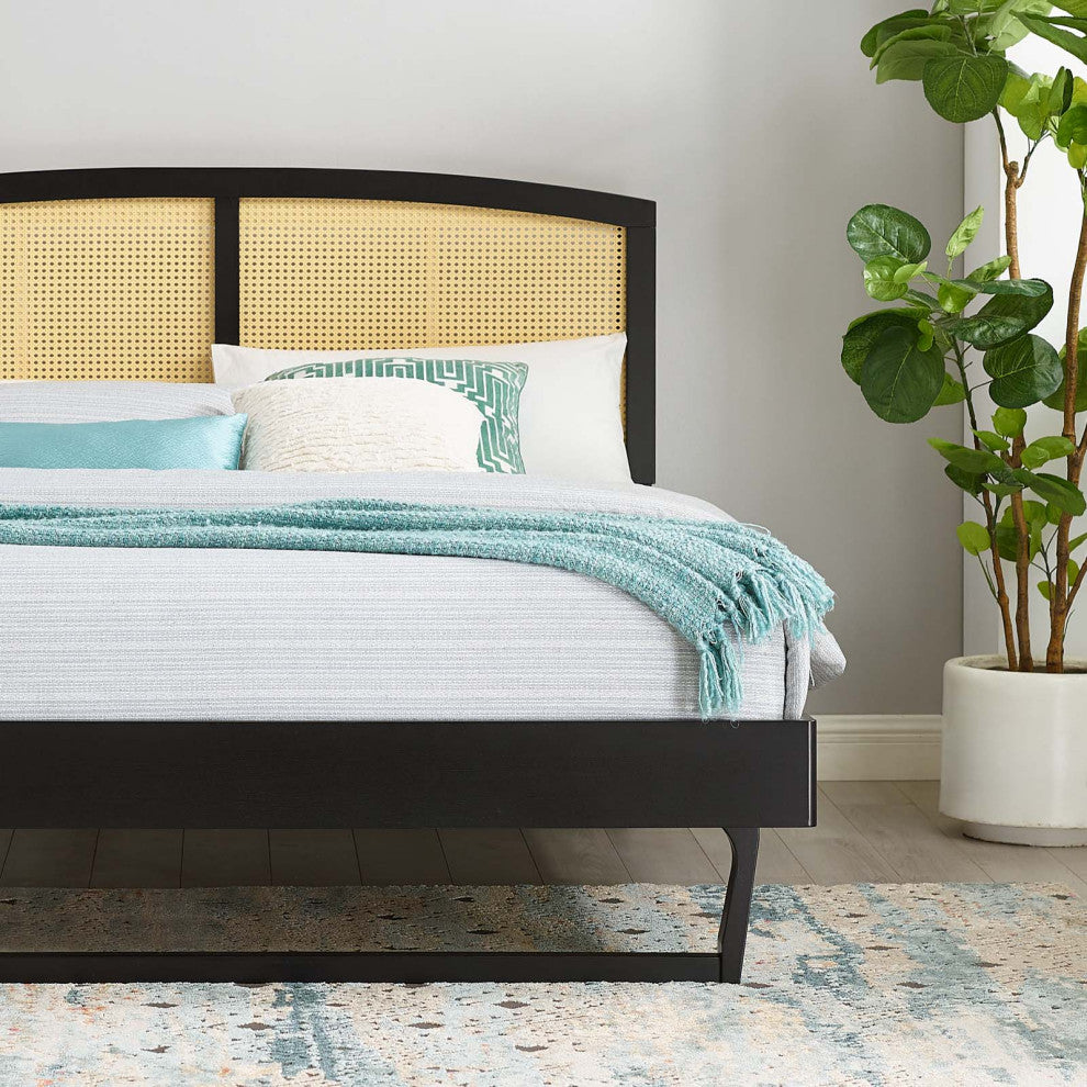 Platform Bed Frame, Queen Size, Wood, Black, Modern Mid-Century, Bedroom Master