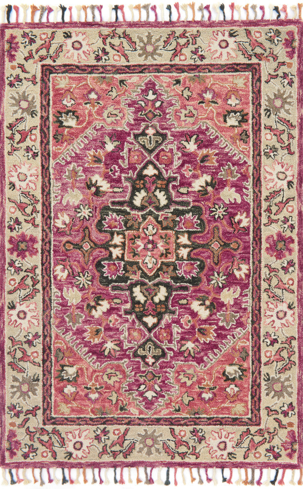 Wool Hand Hooked Colorful Tassels Zharah Area Rug, Raspberry / Taupe, 7'-9" X 9'