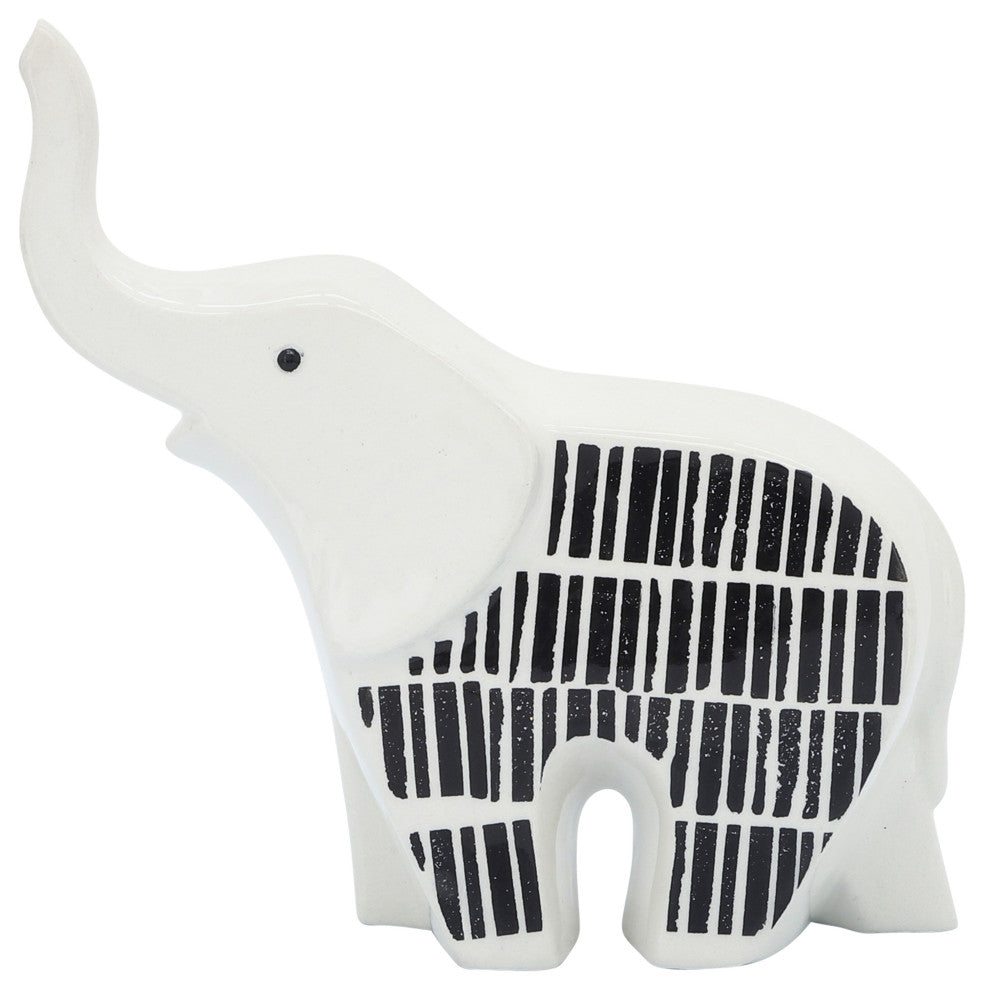 Ceramic 7"L Elephant Trunk Up, Black/White