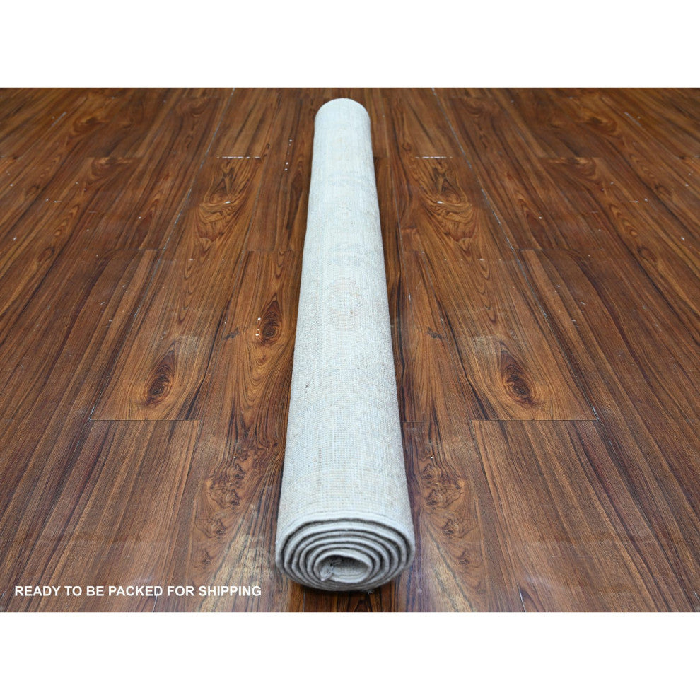 Ivory Washed Out Peshawar Faded Designs Wool Hand Knotted Rug, 3'10"x5'7"