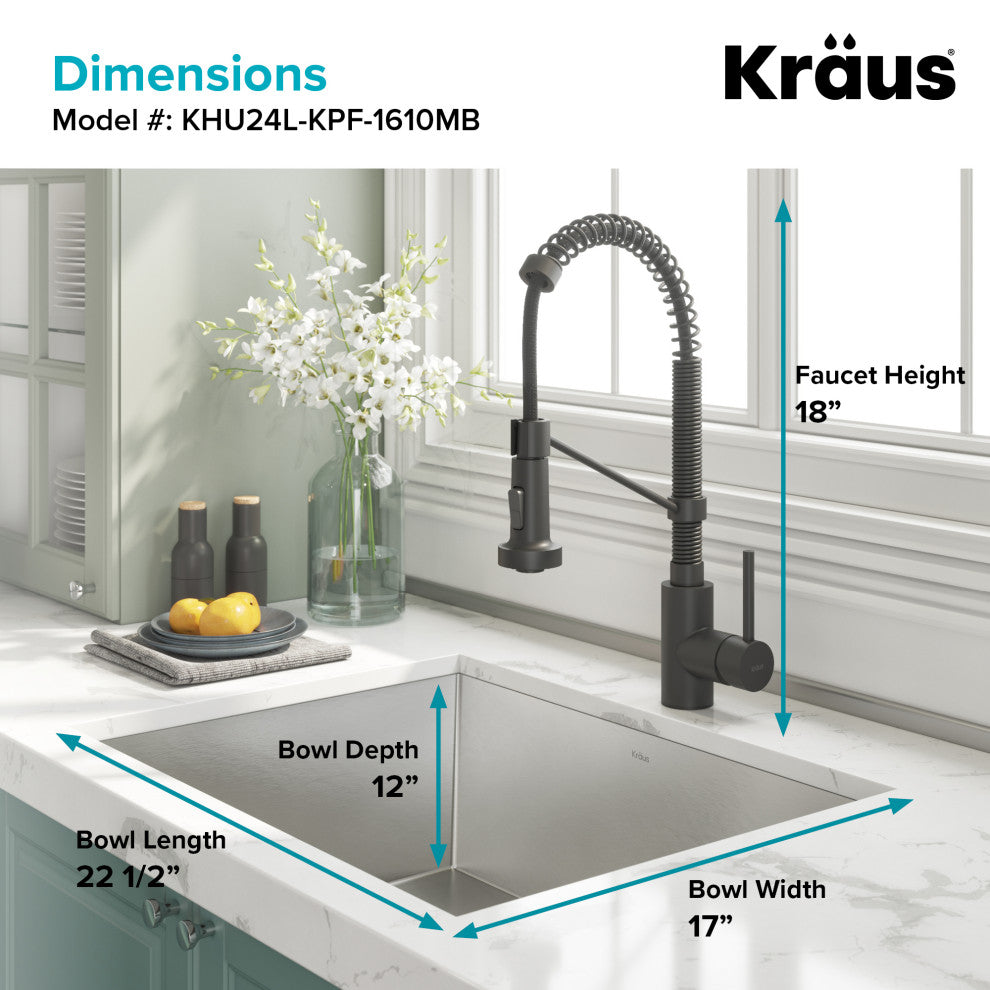 24" Undermount Stainless Steel Kitchen Sink, Pull-Down Faucet MB, Dispenser