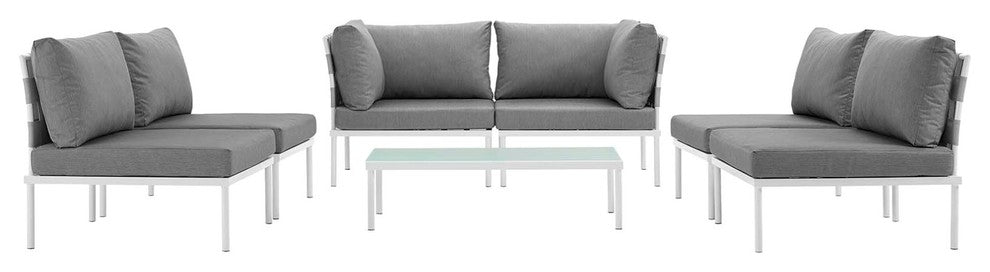 Modern Urban Outdoor Patio 7-Piece Sectional Sofa Set, Gray White Gray, Rattan