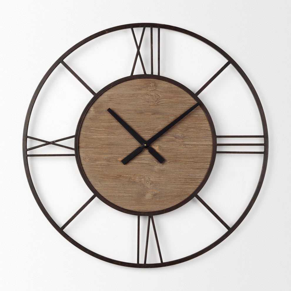 Brielle Black Iron And Brown Wood 30" Round Wall Clock