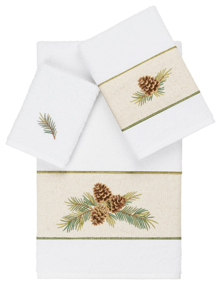Linum Home Textiles Turkish Cotton Pierre 3-Piece Embellished Towel Set, White