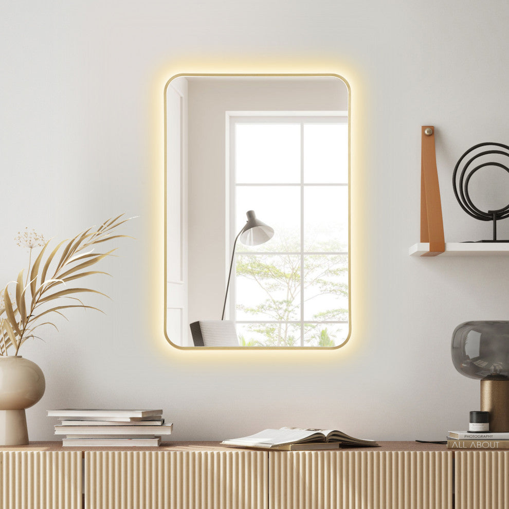 Dazzle Rectangular Bathroom/Vanity LED Lighted Wall Mirror, Brushed Gold, 24"