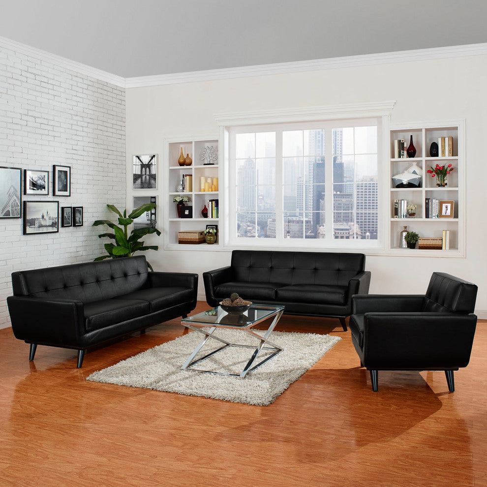 Modern Black Engage 3 Piece Leather Living Room Set