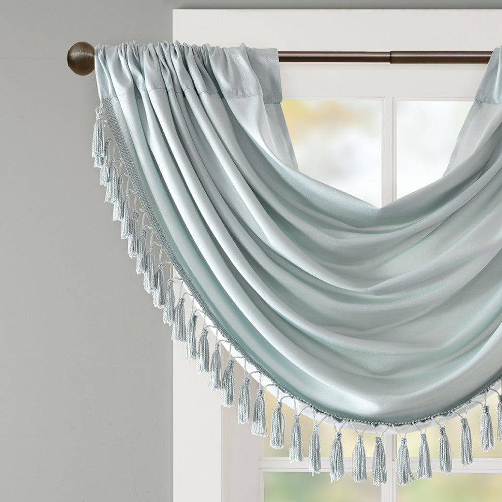 Madison Park Elena Silky Sheer Window Valance with Tassels, Bronze, Dusty Blue