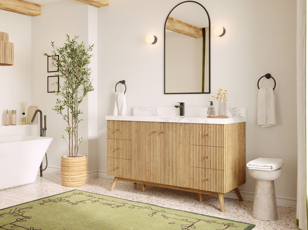 Pasadena Oak 60" Single Bathroom Vanity, White 2" Carrara Quartz