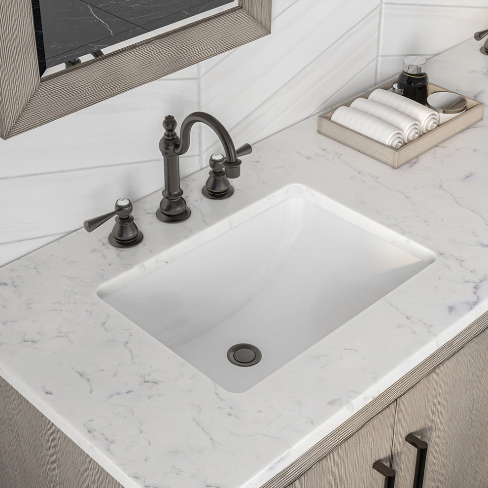 Hugo Carrara White Marble Countertop Bathroom Vanity in Grey Oak, Bronze Handle, 72", Vanity With Hook Faucet