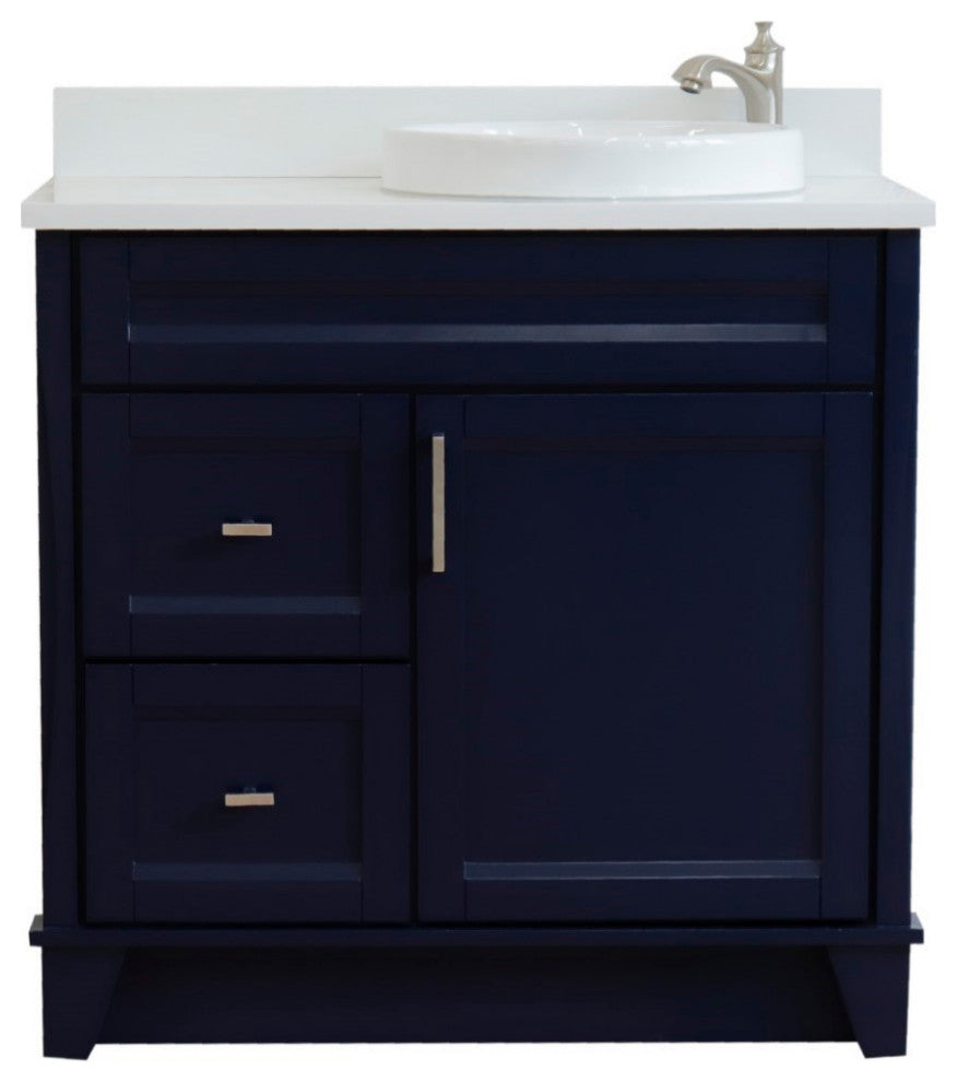 37" Single Sink Vanity, Blue Finish With White Engineered Stone Top
