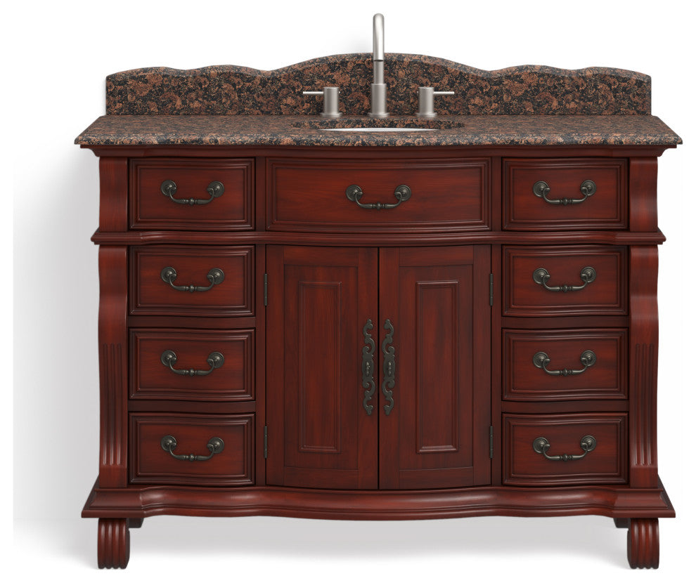 60 inch Cherry Wood Hopkinton Bathroom Sink Vanity Baltic Brown Stone Top, Cherry, 50", Single Sink, Freestanding